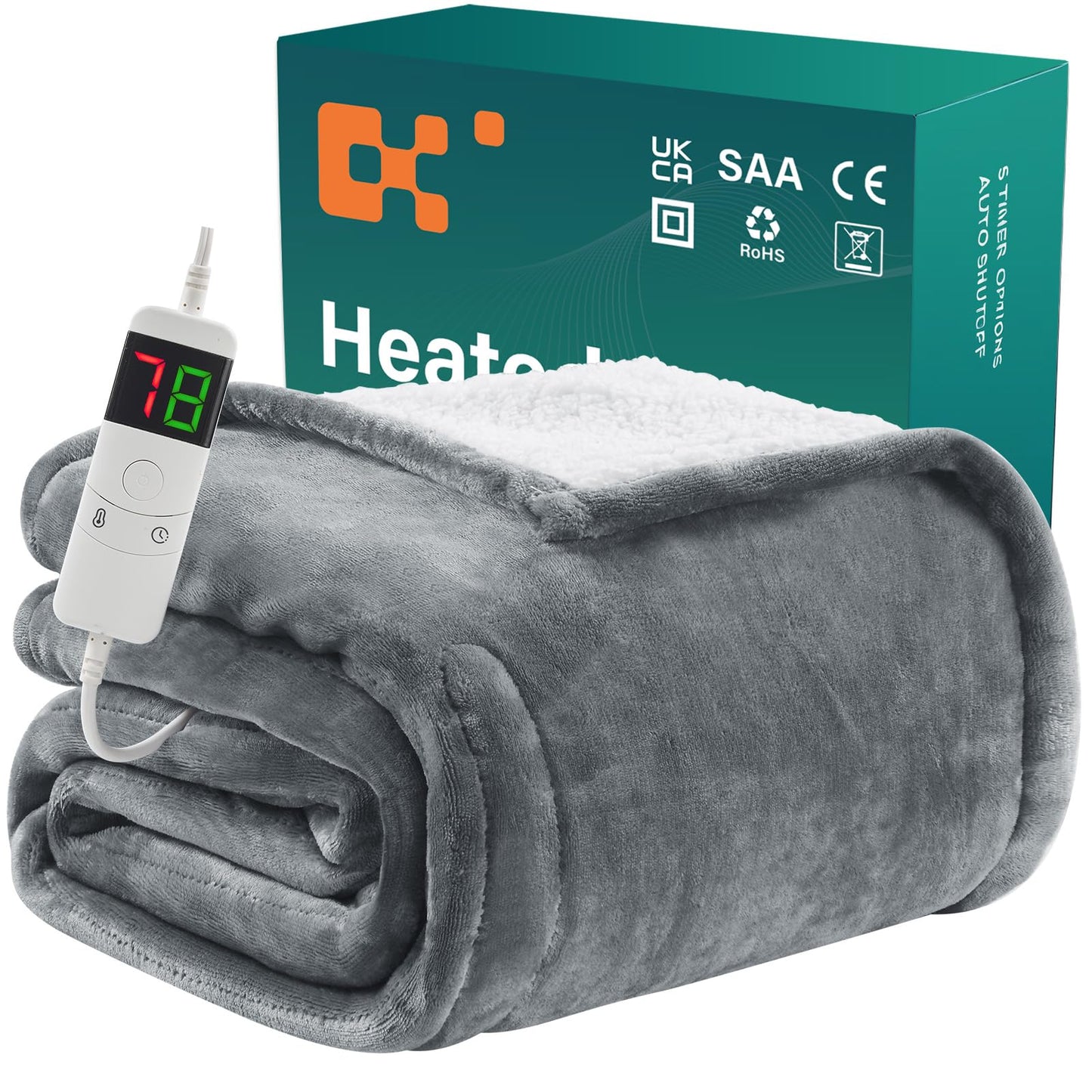 Heated Blanket 10 Heat Settings Automatic Shut-Off Fluffy – Grey 130x180 cm