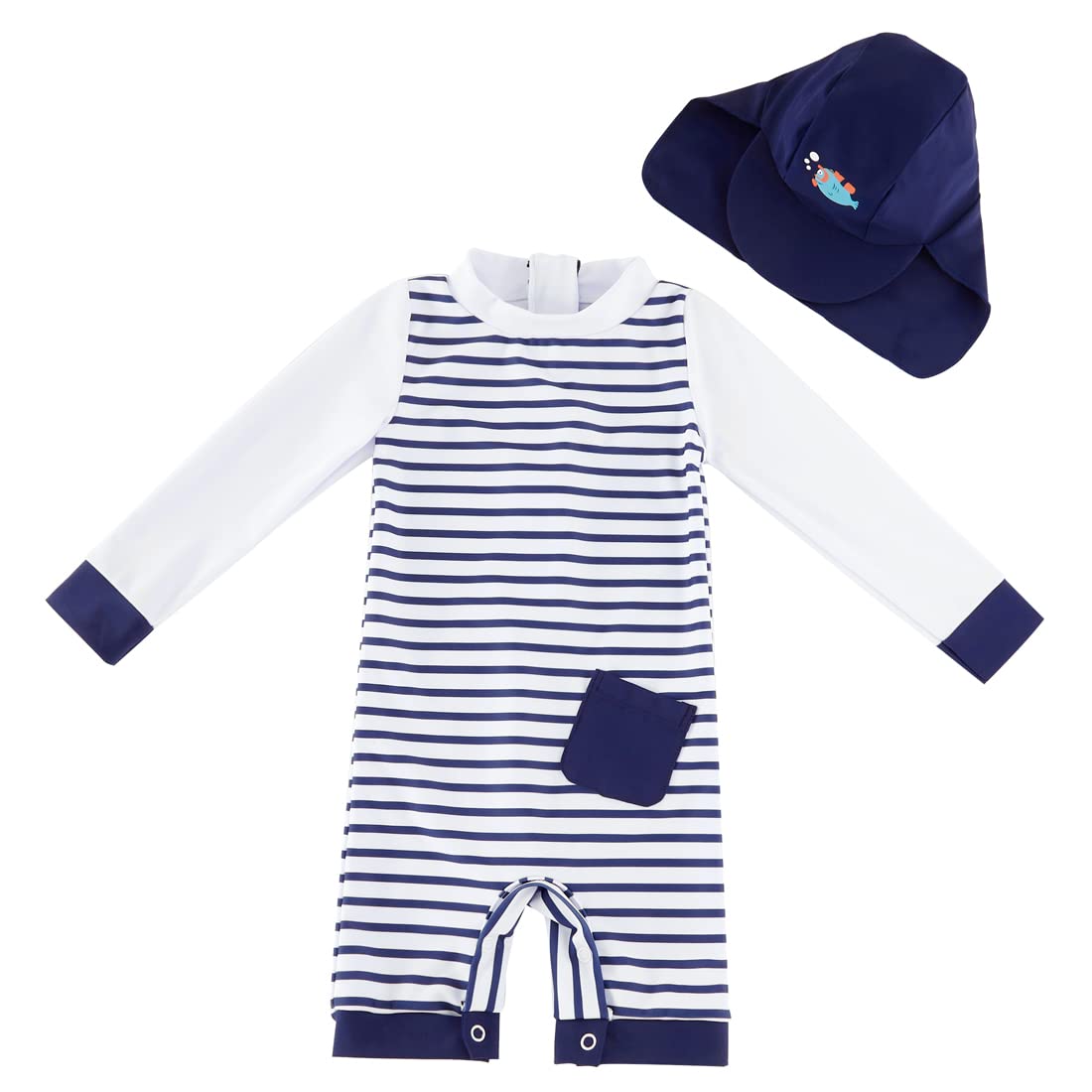 Baby Striped Swimsuit UV50+ One-Piece with Sun Hat – Blue Stripes 12-18 months
