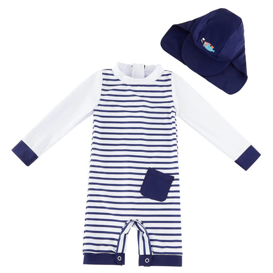 Baby Striped Swimsuit UV50+ One-Piece with Sun Hat – Blue Stripes 12-18 months