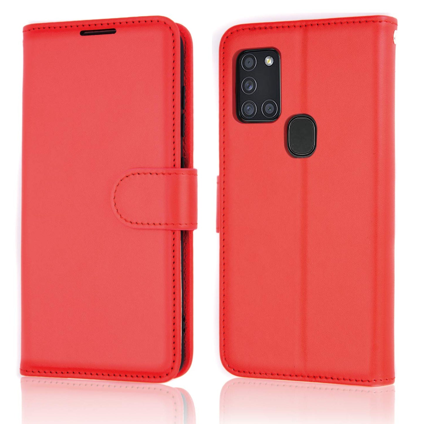 Samsung Galaxy A21s Leather Wallet Case with Card Slots & Wrist Strap – Red