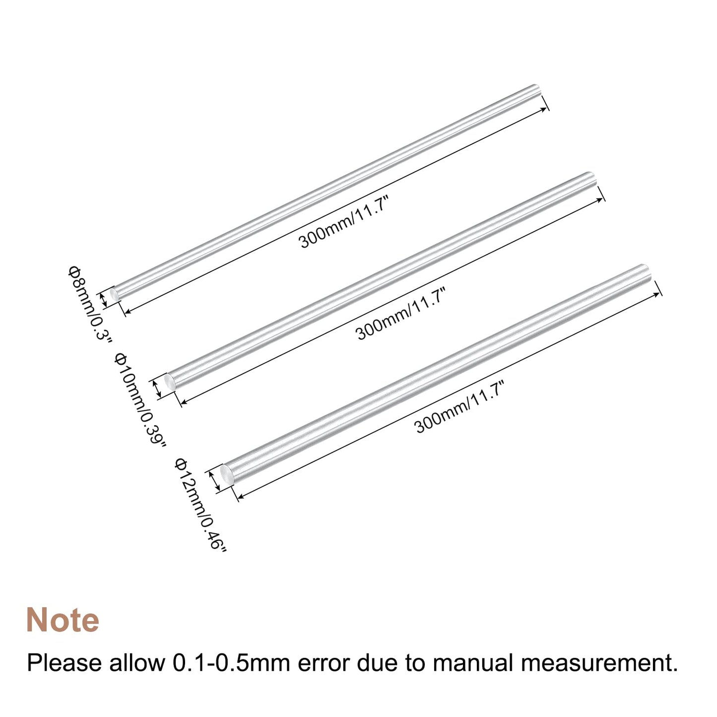 Aluminium Round Rods 3pc 8/10/12mm 300mm – Silver