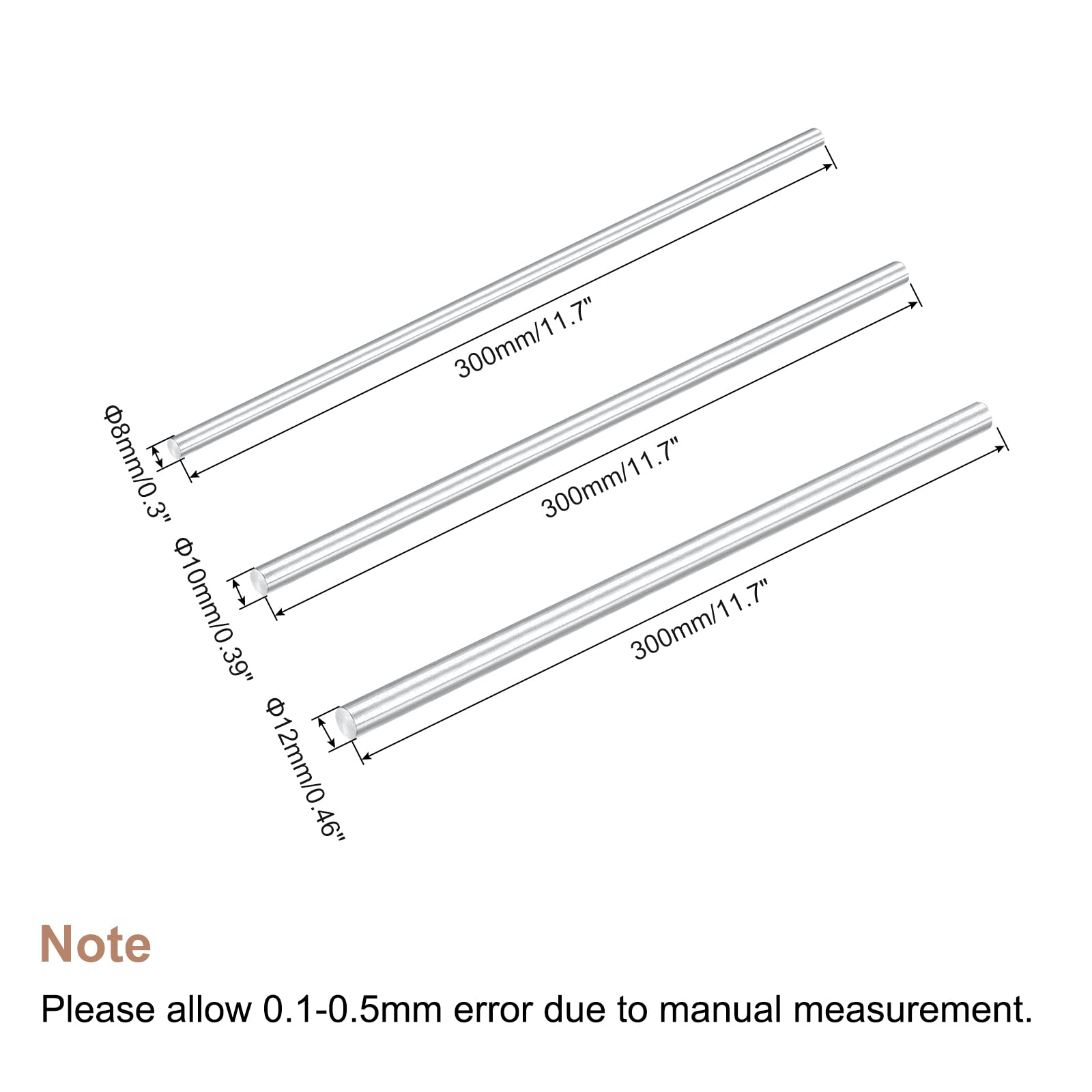 Aluminium Round Rods 3pc 8/10/12mm 300mm – Silver