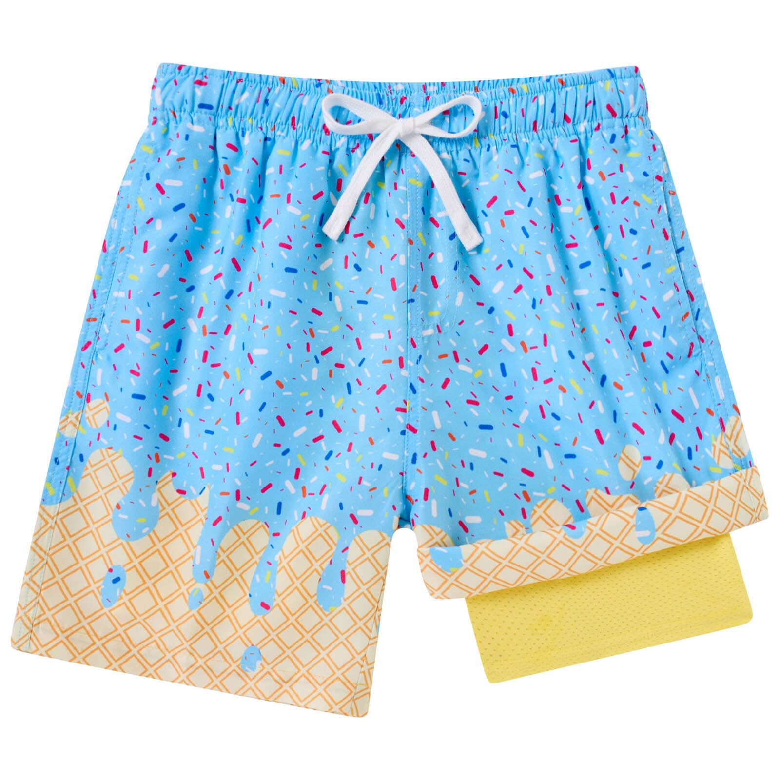 Boys' 2-in-1 Swim Shorts Compression Lining 3D Ice Cream Print Quick-Dry – Blue 7 Years