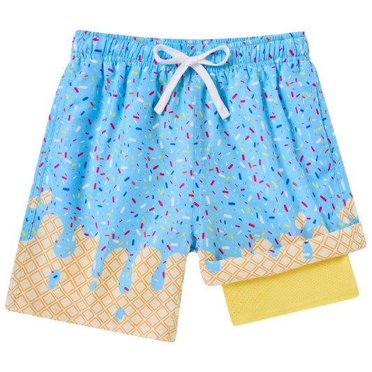 Boys' 2-in-1 Swim Shorts Compression Lining 3D Ice Cream Print Quick-Dry – Blue 7 Years