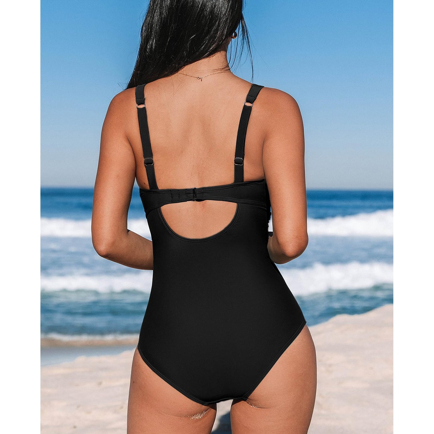 OUSIMEN Women's One-Piece Swimsuit with V-Neck Back Cutout Tummy Control Adjustable Straps Swimwear Swimsuit