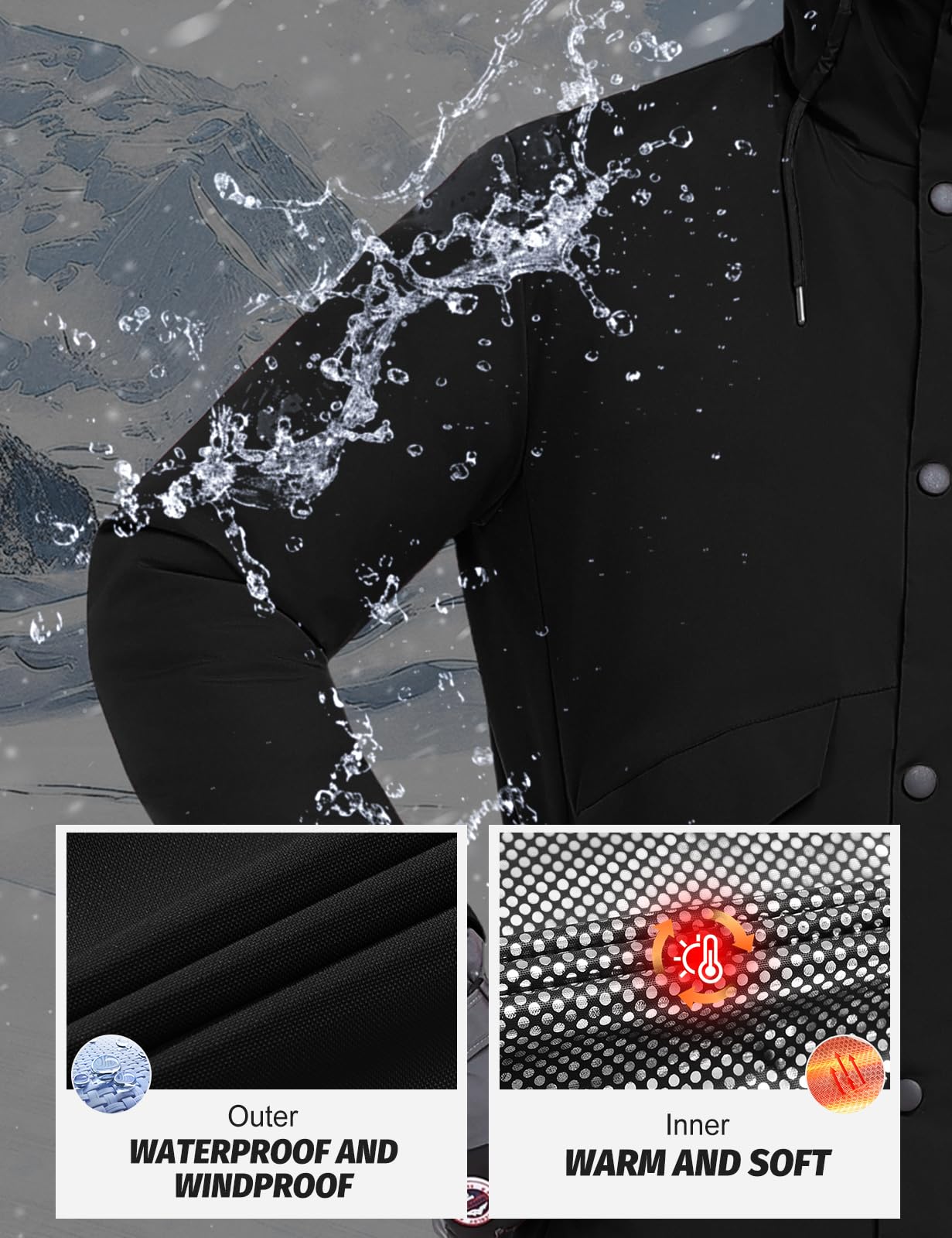 Men's Waterproof Winter Ski Jacket Thermal Windproof with Detachable Hood
