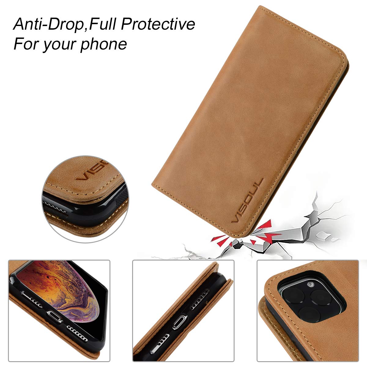 VISOUL iPhone 11 Pro Case, Shockproof Cell Phone Case [100% Cowhide Leather] [RFID Blocker] [Auto Sleep/Wake], TPU Protective