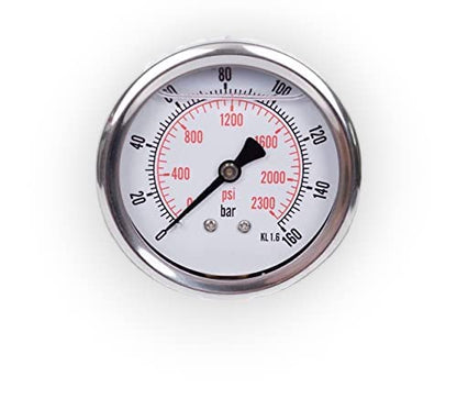 Glycerin pressure gauge axial connection, IP65 stainless steel 63 mm with rear connector, 1/4 glycerin (0-160 bar)