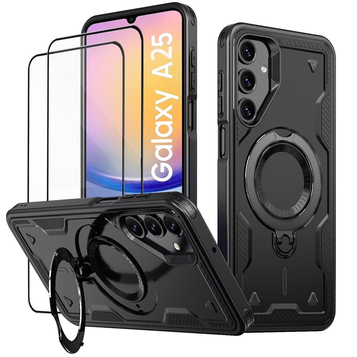 Samsung Galaxy A25 / A25 5G Phone Case Heavy Duty Military Shockproof with 2x Screen Protectors Metal Ring Stand – Black