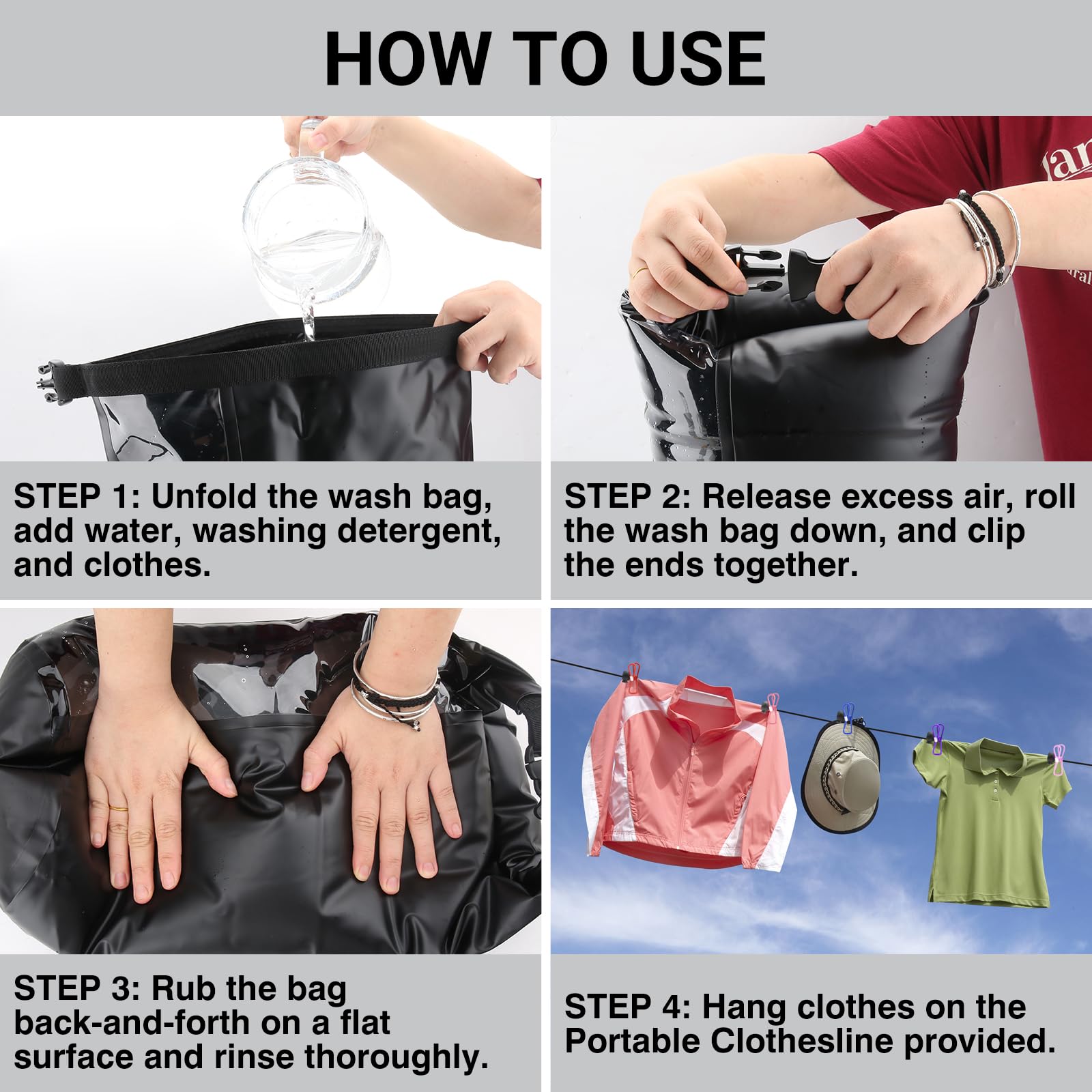 Travel Wash Bag & Retractable Clothesline - Camping Washing Machine - Durable Travel Washing Bag - Portable Manual Washing