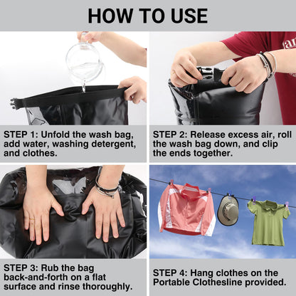 Travel Wash Bag & Retractable Clothesline - Camping Washing Machine - Durable Travel Washing Bag - Portable Manual Washing
