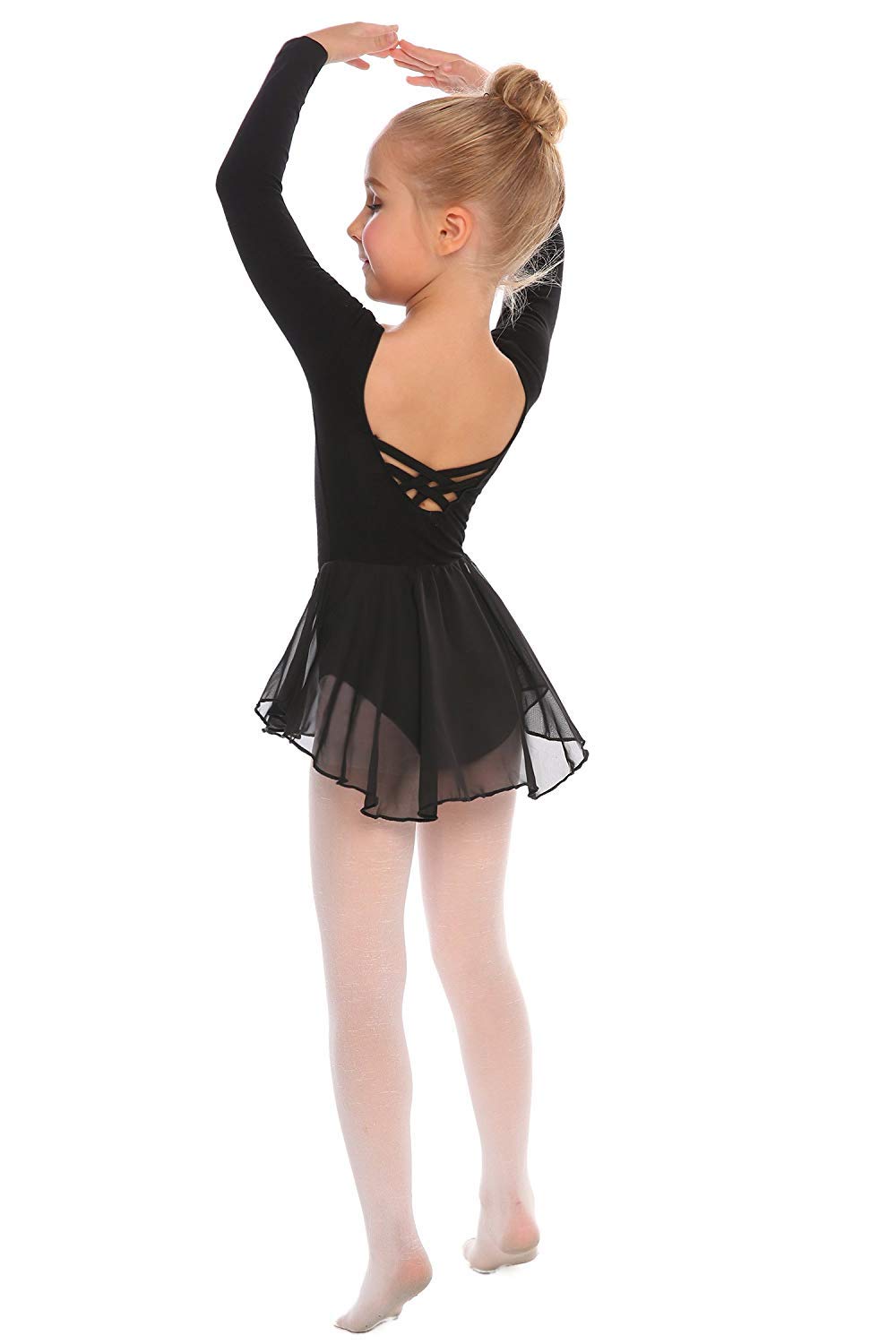 Girls' Backless Ballet Leotard Long Sleeve Cotton with Tutu Skirt Dance Bodysuit – Black 120