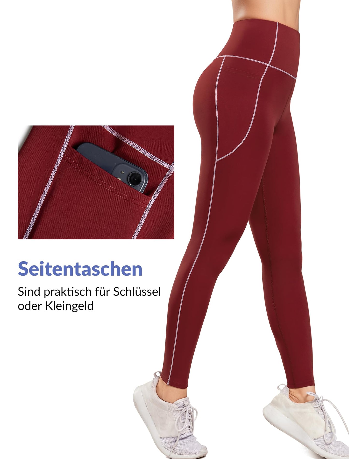 Sport Leggings Women High-Waist Pocket Colour-Block Opaque – Coral Red M