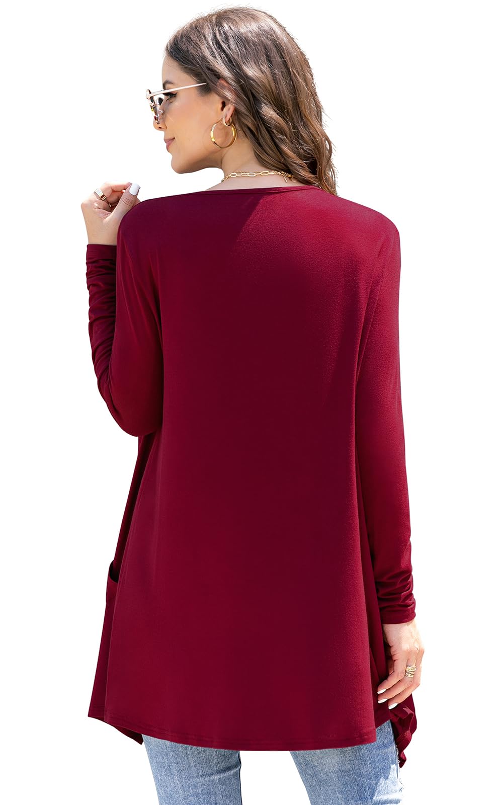 Women's Knit Kimono Cardigan Long Sleeve Lightweight with Pockets High-Low Drape – Wine Red M