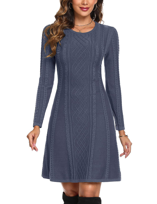 Women's A-Line Long Sleeve Knit Sweater Dress Round Neck - Grey-Blue S