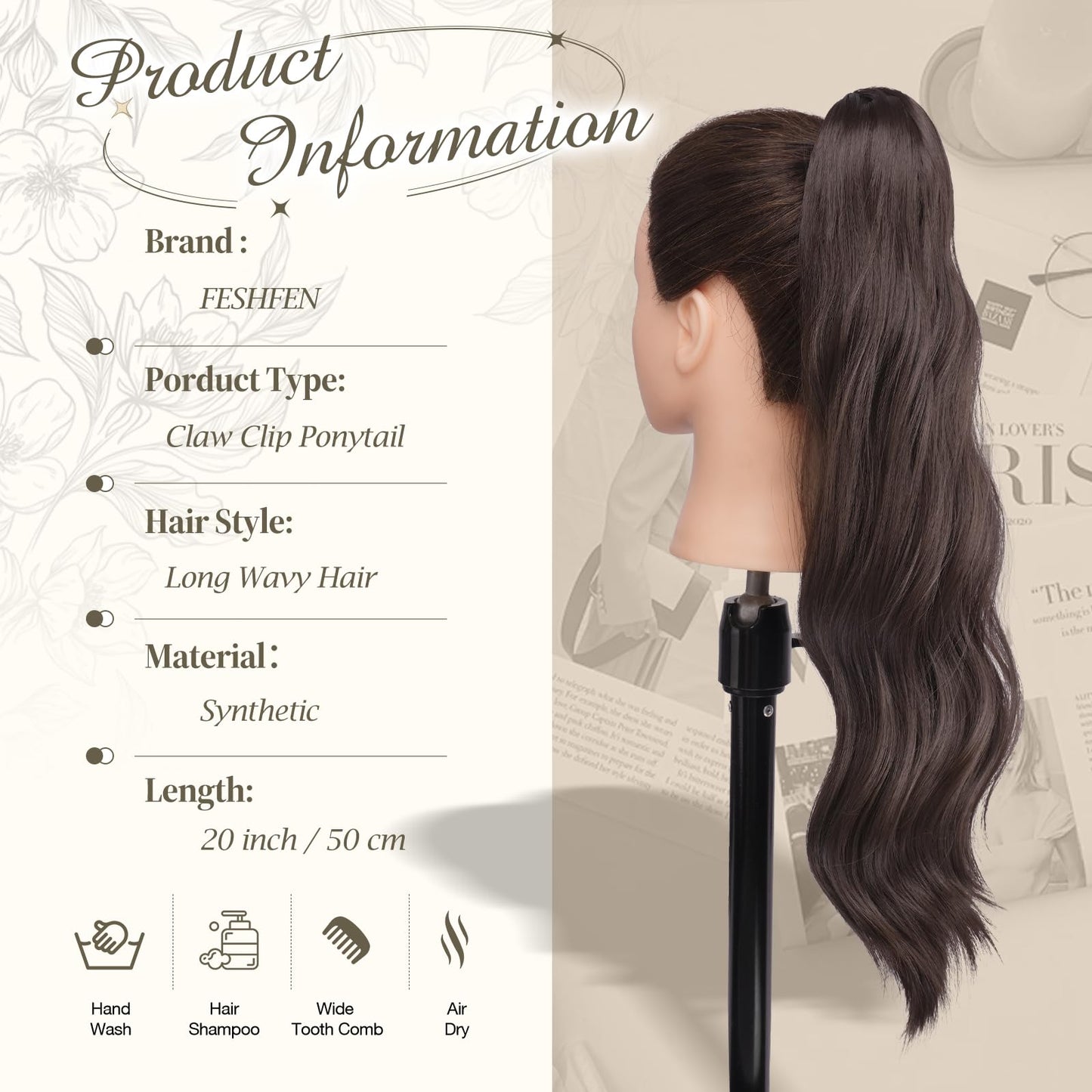 Ponytail Hairpiece Clip-in Wavy, Heat-resistant – Medium Brown 50cm