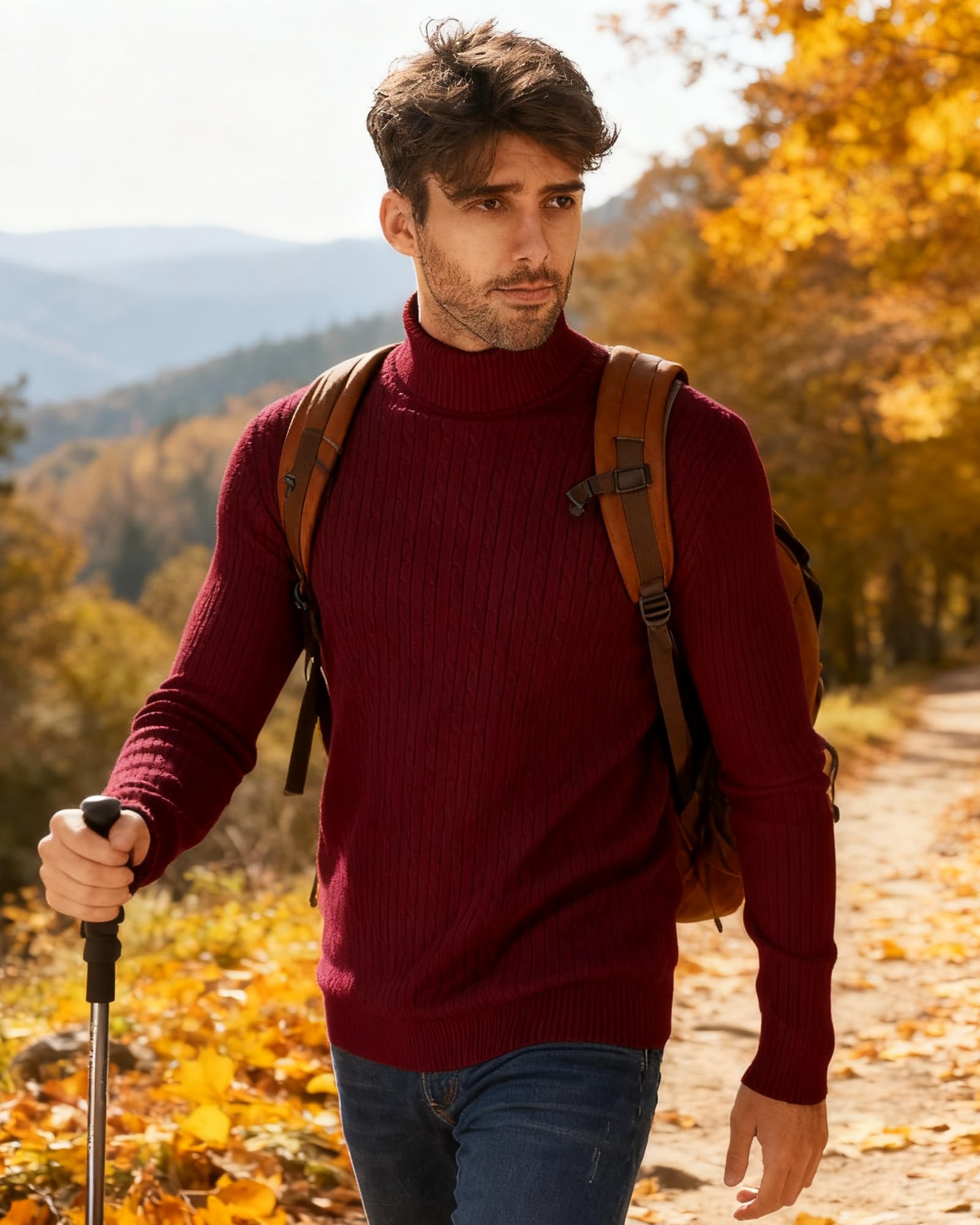 Men's Roll-Neck Sweater Slim Fit Fine Knit – Burgundy L