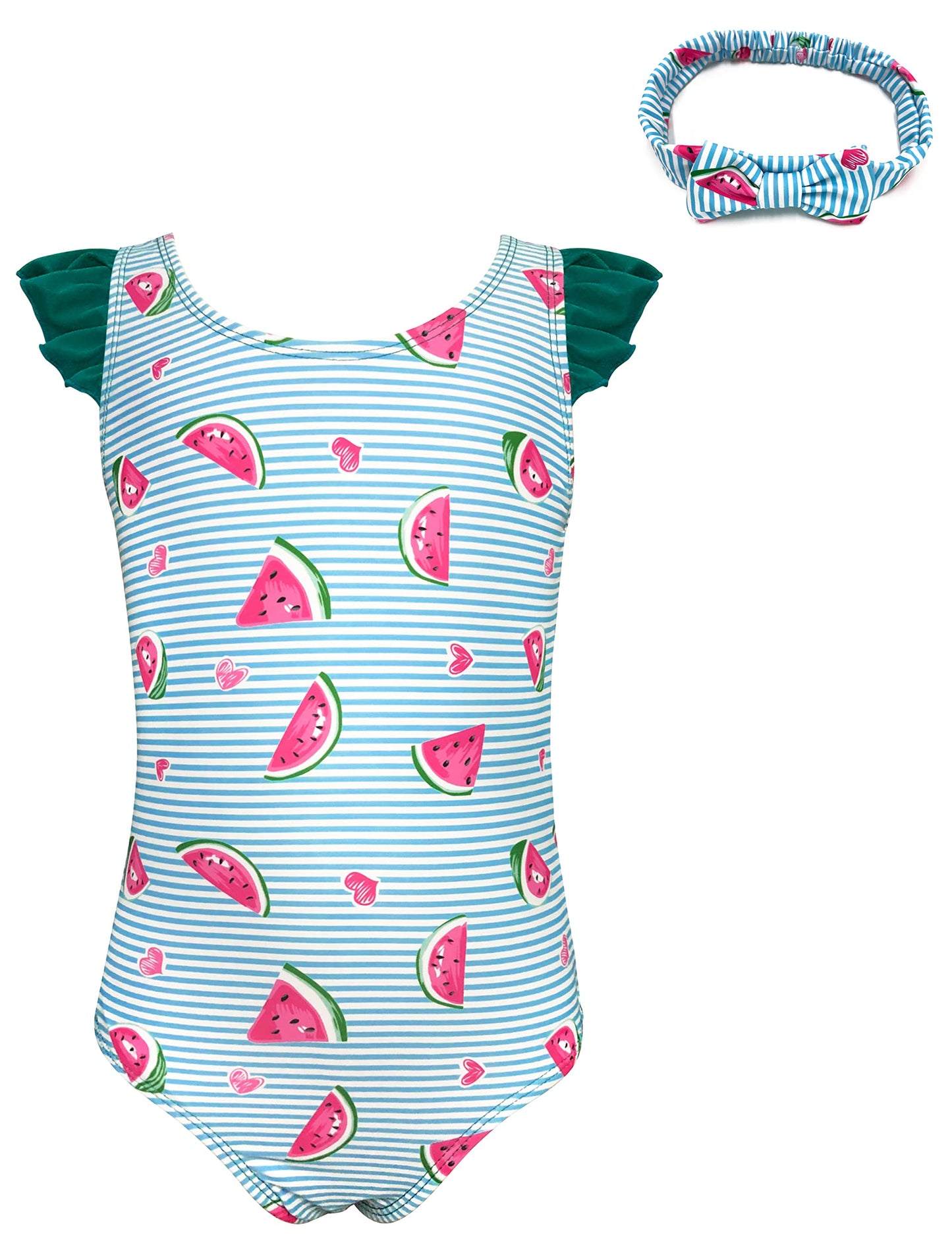 Girls' One-Piece Swimsuit Ruffle Print with Headband – Watermelon 3-4 yrs