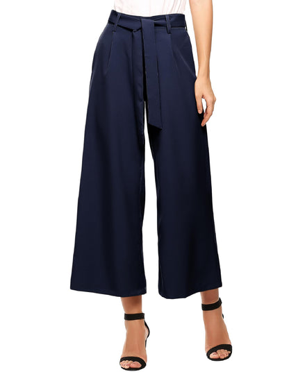Women's High-Waist 7/8 Wide-Leg Palazzo Trousers Summer Casual – Dark Blue XXL