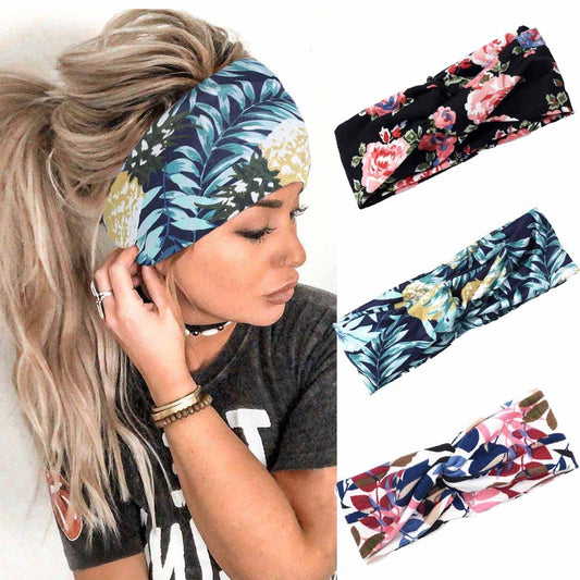 Boho Flower Yoga Headbands Cross Elastic Headwraps 3-Pack - Multi