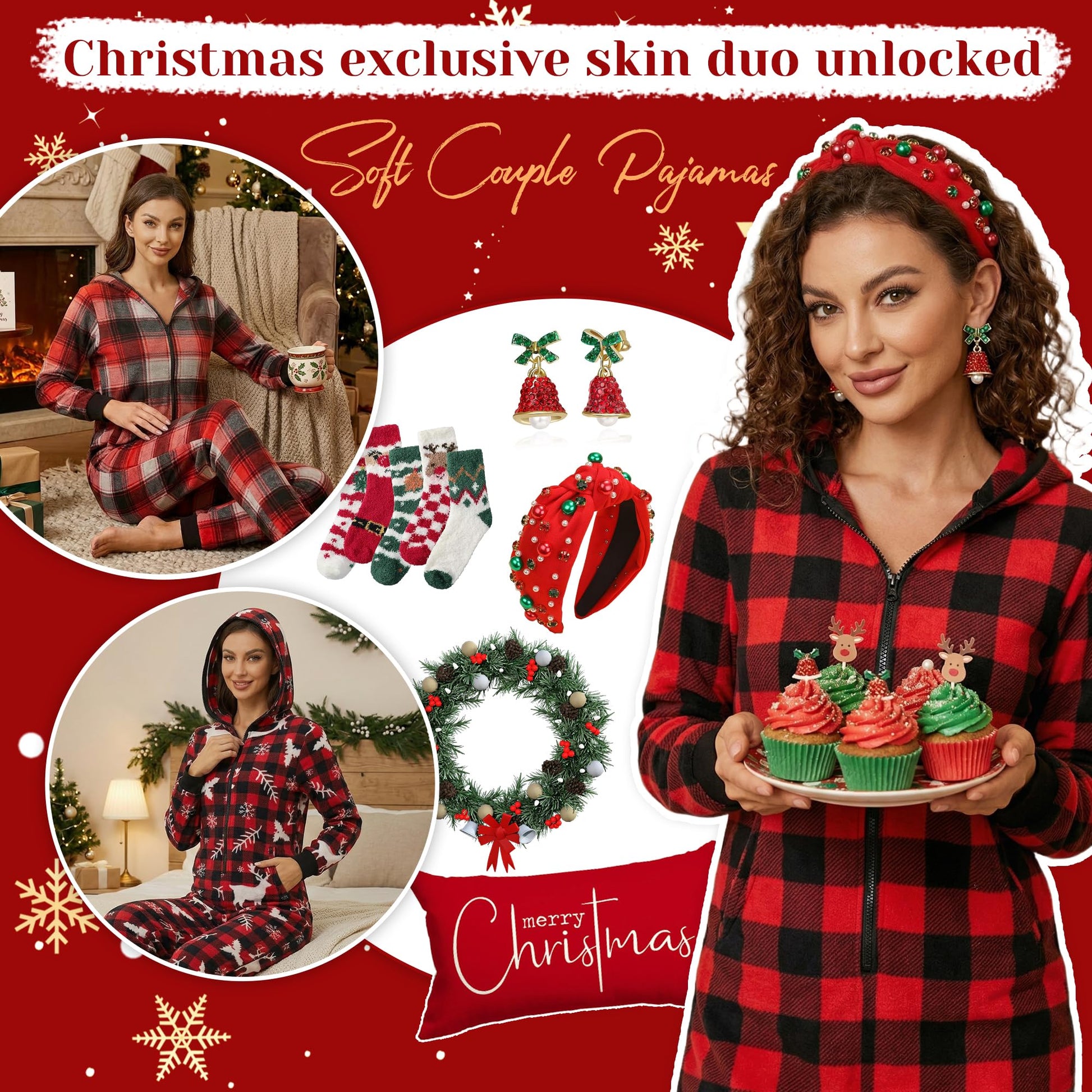 Women's Hooded Zip Onesie Pyjamas Plaid Christmas Matching Soft Warm Jumpsuit – Red-Green S