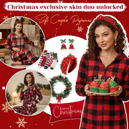 Women's Hooded Zip Onesie Pyjamas Plaid Christmas Matching Soft Warm Jumpsuit – Red-Green S