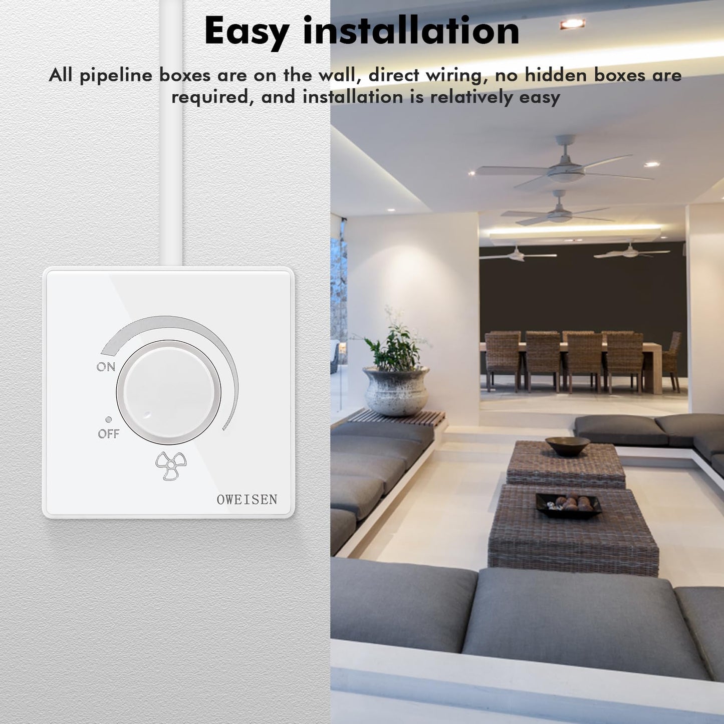 DEWIN Wall Switch, 86 Type Ceiling Fan Speed Controller Wall Mounted Dimmer Switch 10A AC 220V