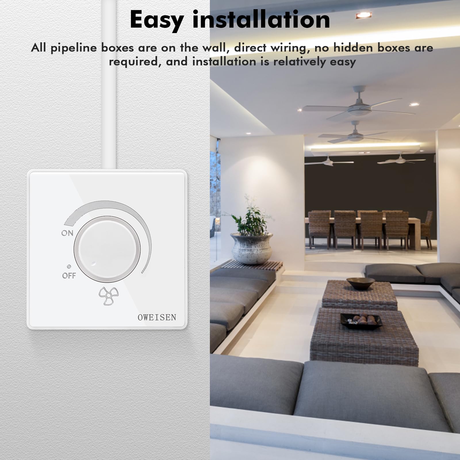 DEWIN Wall Switch, 86 Type Ceiling Fan Speed Controller Wall Mounted Dimmer Switch 10A AC 220V