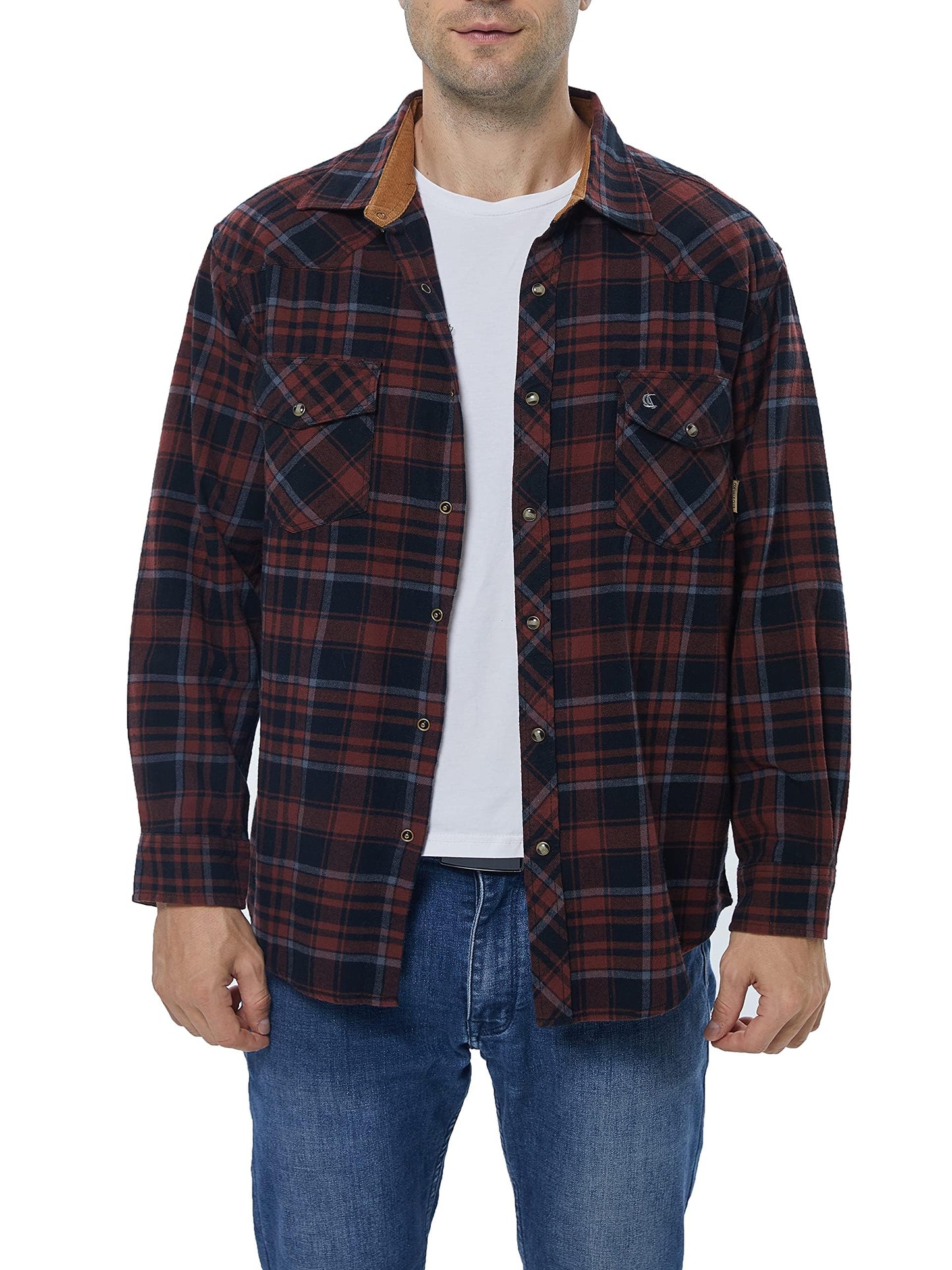 Men's Long-Sleeved Flannel Check Shirt Snap Buttons Pocket Regular Fit – Russet/Brown/Black 2XL