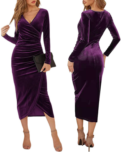 CheChury Women's Elegant Long Sleeve V-Neck Bodycon Party Cocktail Maxi Dresses Autumn and Winter Solid Color with Irregular