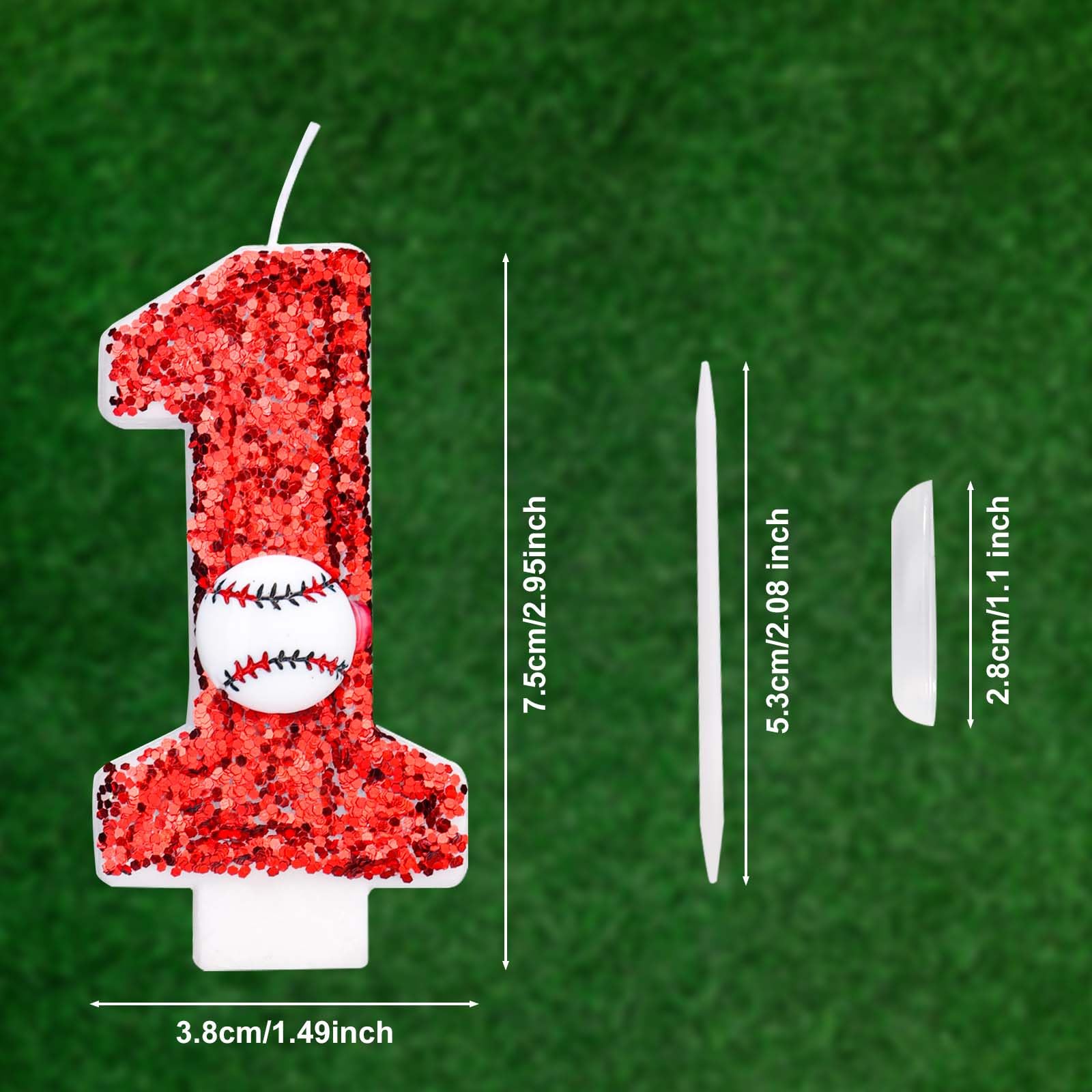Birthday Number Candle 7.5cm Glitter Baseball Cake Topper – Red (1)
