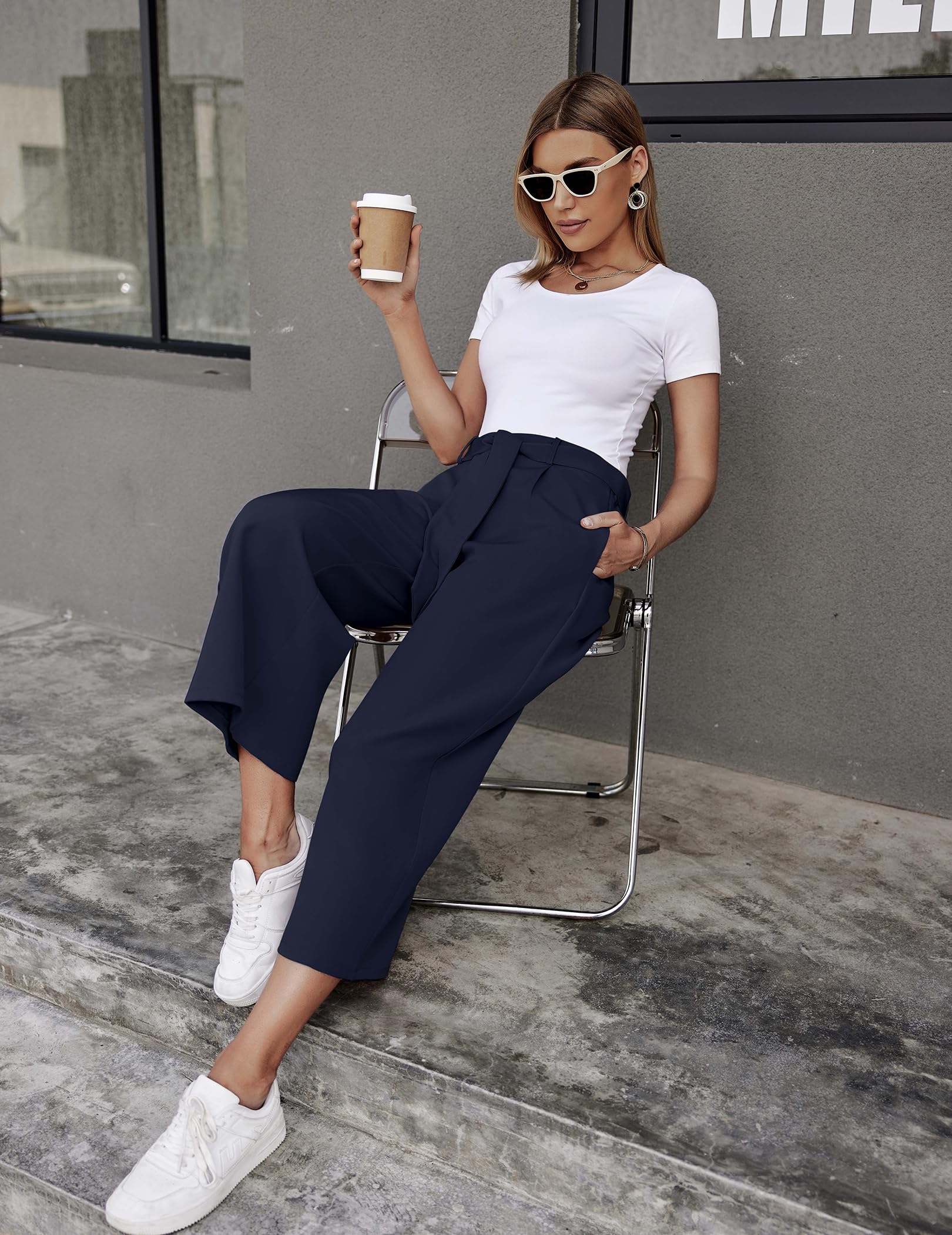 Women's High-Waist 7/8 Wide-Leg Palazzo Trousers Summer Casual – Dark Blue XXL