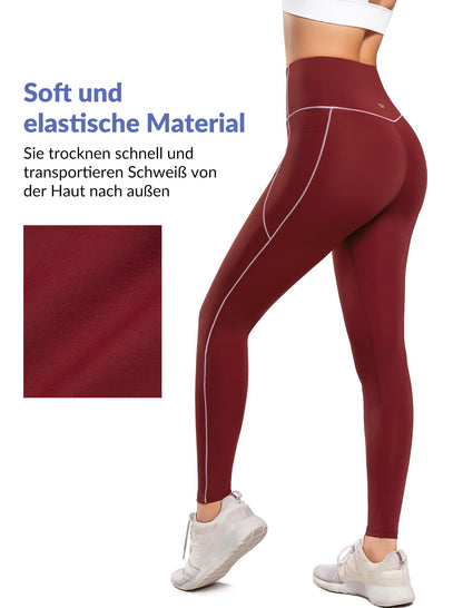 Sport Leggings Women High-Waist Pocket Colour-Block Opaque – Coral Red M