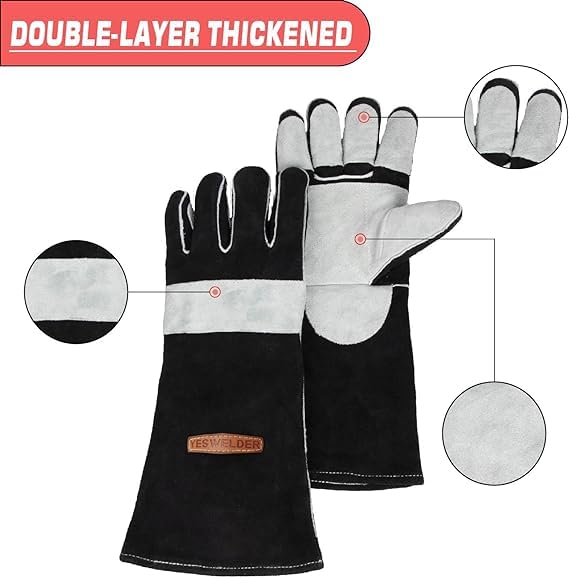 YESWELDER 40cm, 500℃ forged leather MIG welding gloves, with Kevlar seams, heat and fire resistant, palm reinforcement, black