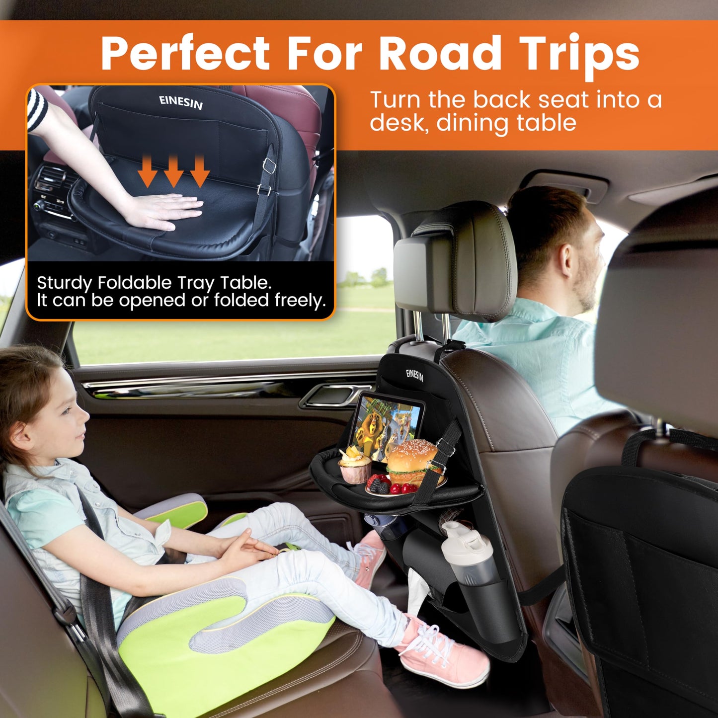 Einesin Car Seat Organizer with Table, Car Back Seat Organizer for Kids, Multifunctional Waterproof Back Seat Organizer with