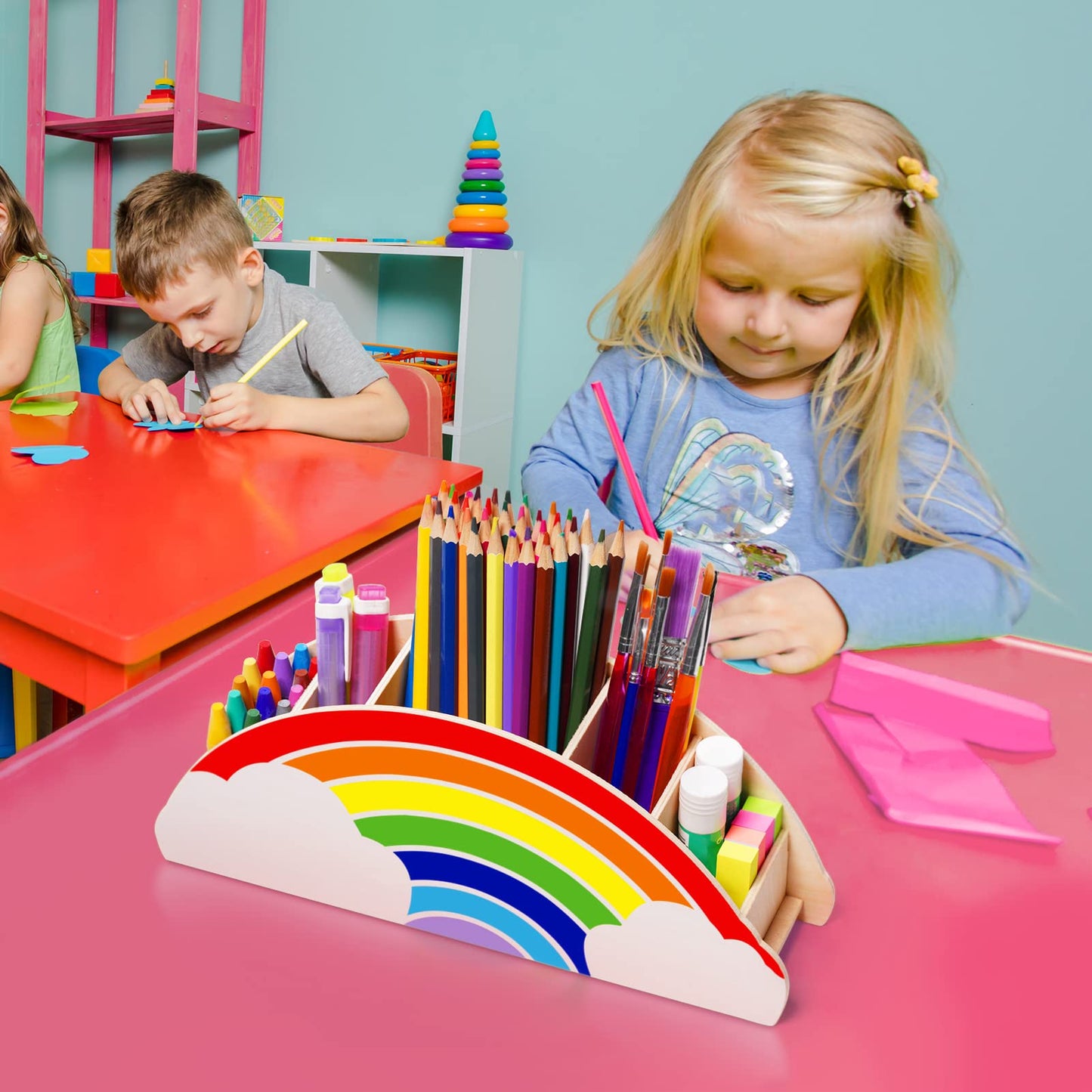 Gamenote Wooden Desk Organizer, Rainbow Pencil Holder/Pen Holder/Table Organizer/Multifunctional Organizer for Kids Office