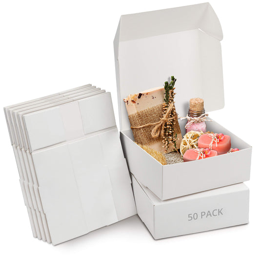 Kurtzy White Kraft Boxes with Lid (50pcs) - Cardboard, 12 x 12 x 5 cm - Easy Assembly Favor Boxes for Parties, Birthdays,