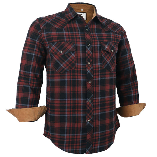 Men's Long-Sleeved Flannel Check Shirt Snap Buttons Pocket Regular Fit – Russet/Brown/Black 2XL