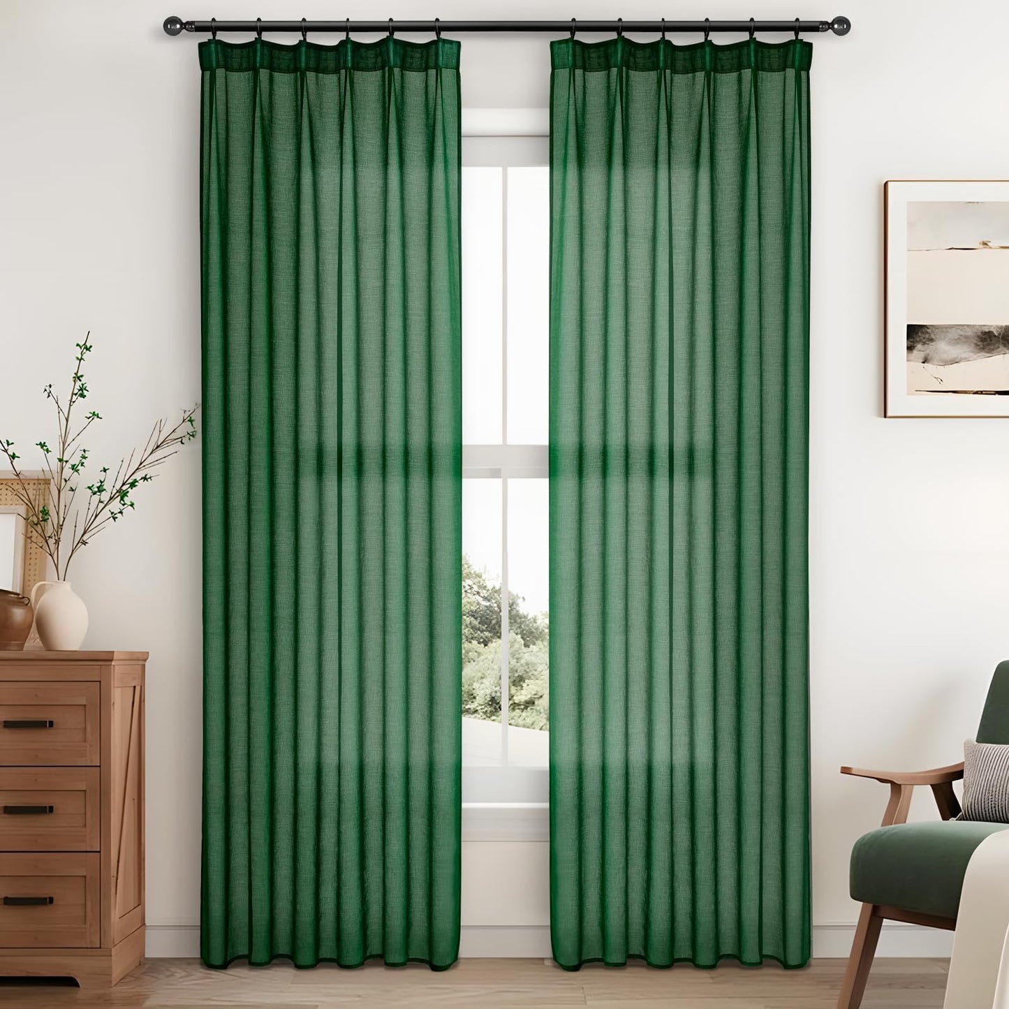 MRTREES Green curtains with ruffle tape, set of 2, 250 cm long, curtains with ruffle tape for rail, 140 cm wide, linen look