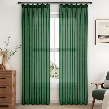 MRTREES Green curtains with ruffle tape, set of 2, 250 cm long, curtains with ruffle tape for rail, 140 cm wide, linen look
