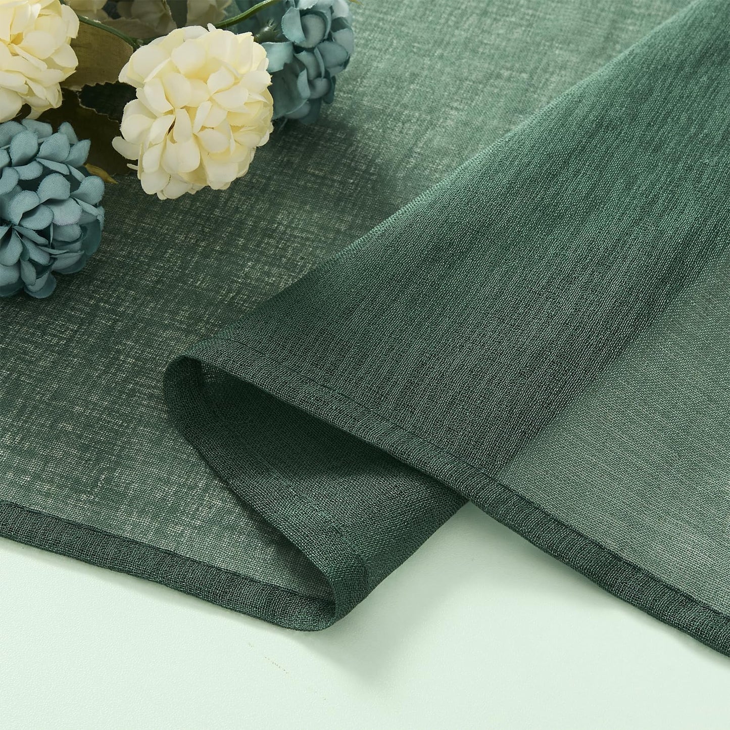 MRTREES Green curtains with ruffle tape, set of 2, 250 cm long, curtains with ruffle tape for rail, 140 cm wide, linen look