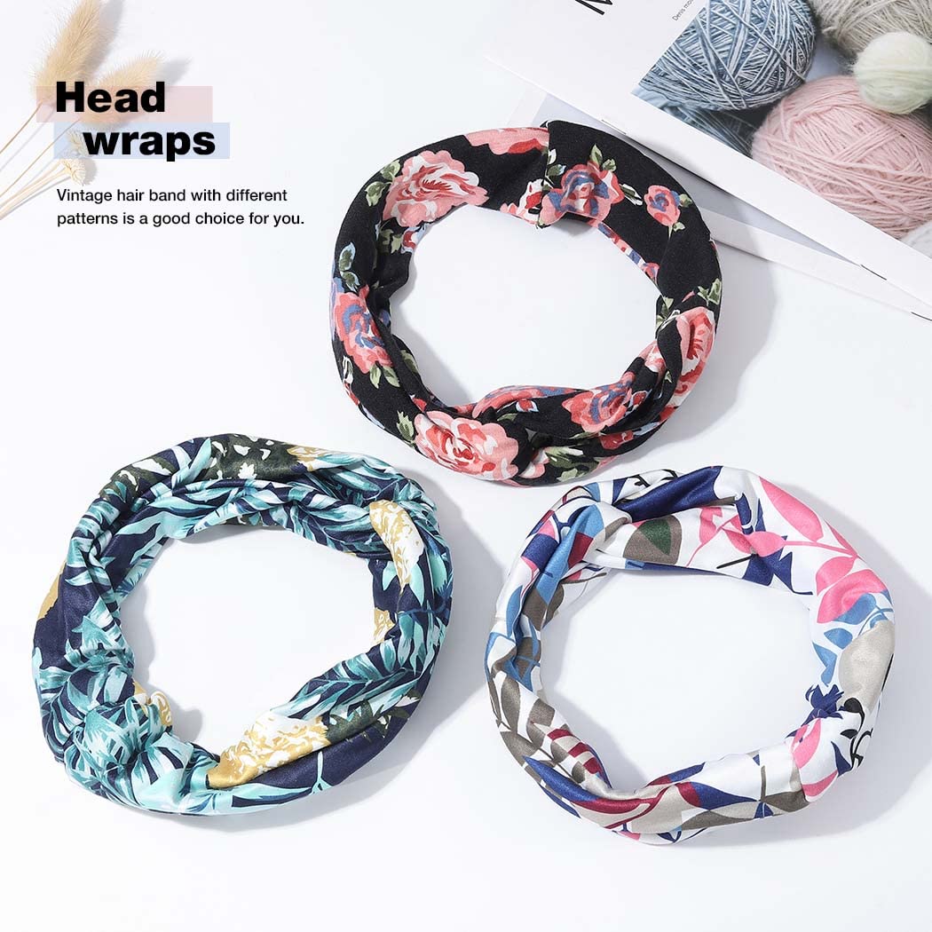 Boho Flower Yoga Headbands Cross Elastic Headwraps 3-Pack - Multi