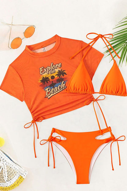 SHEKINI Women's 3 in 1 Bikini Swimsuit with Halter Tie & Mesh Sleeve – Orange L