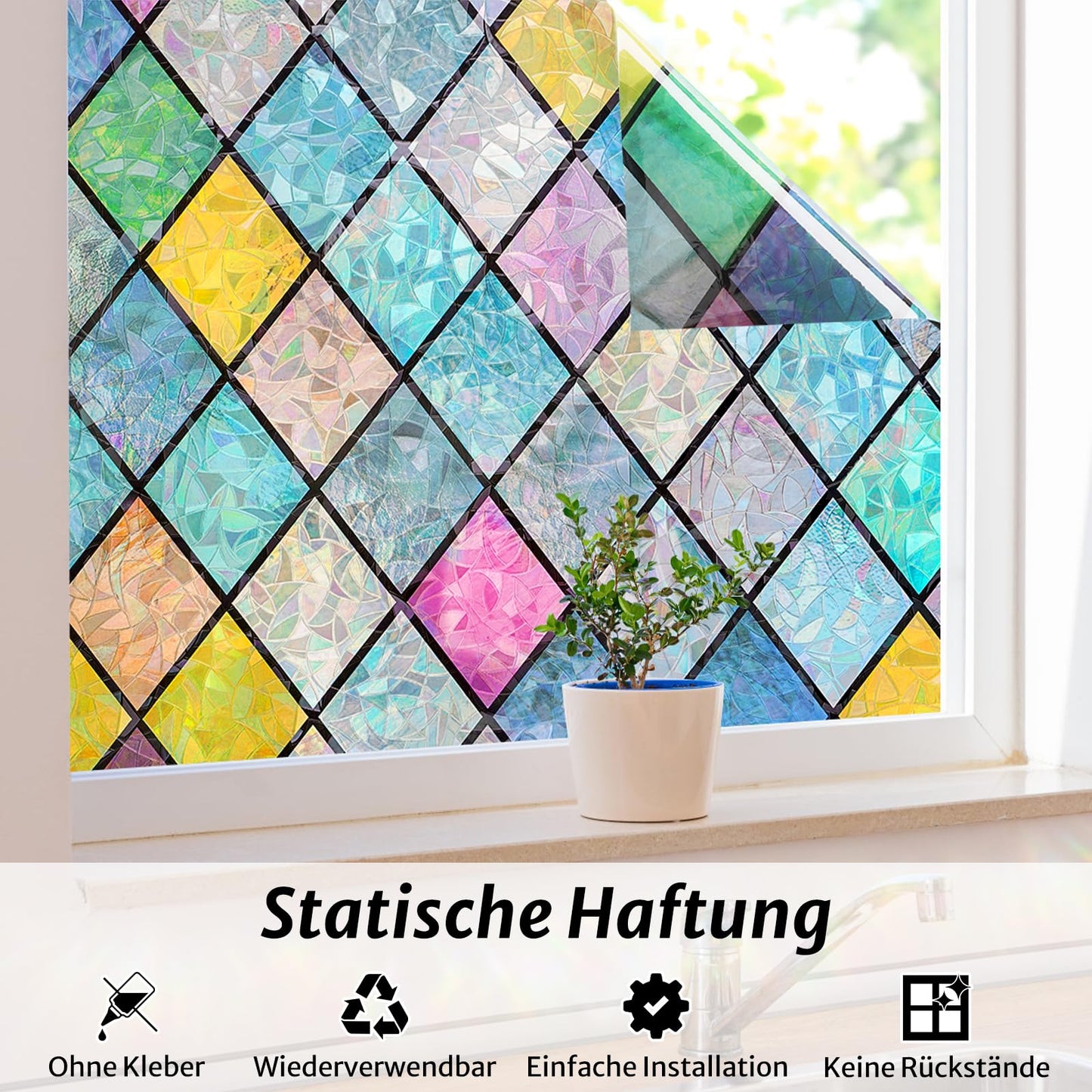 rabbitgoo Window Film Opaque Self-Adhesive, Privacy Film Window Diamond Colorful, 3D Rainbow Film Window 60x200cm Static