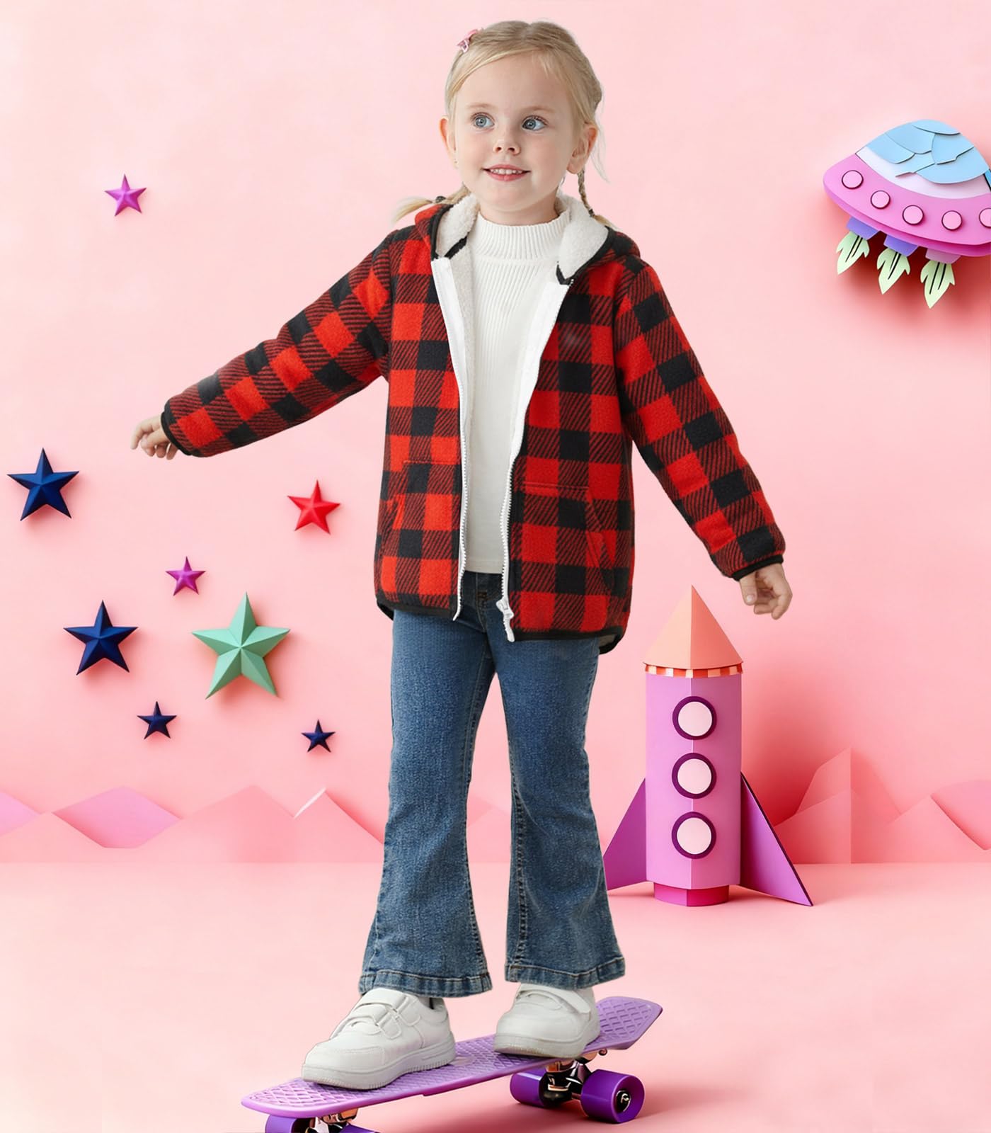 Toddler Girls Hooded Mesh Fleece Jacket Zipper – Red/Black 2–3 Years