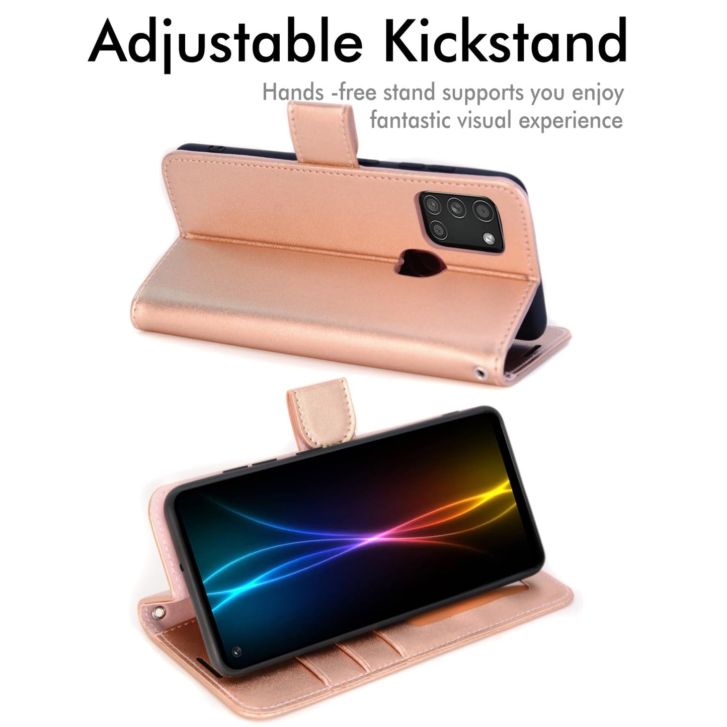 Samsung Galaxy A21s Leather Wallet Case with Card Slots & Kickstand – Rose Gold