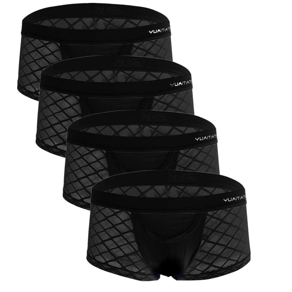 Men's Fishnet Sheer Boxer Briefs Mesh Stripe Transparent Underwear - L