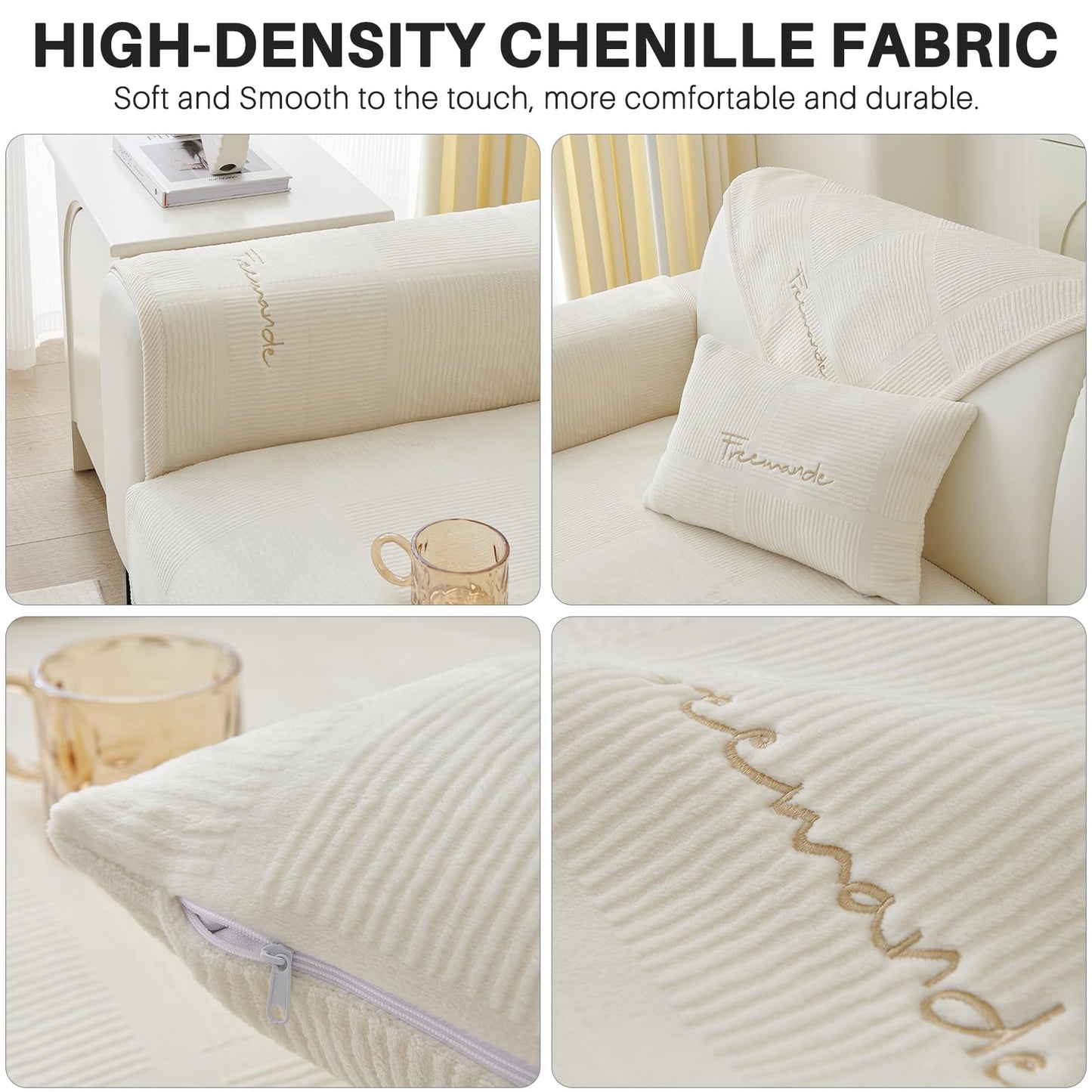 3-Seater Velvet Sofa Cover Non-Slip Pet-Friendly Protective – White 90×90cm