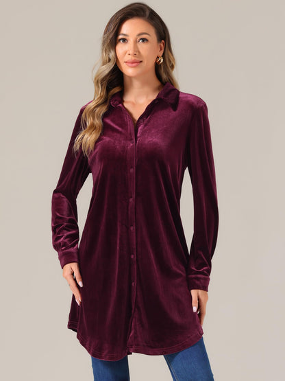 Women's Velvet Christmas Button-Front Tunic Long Sleeve – Red S