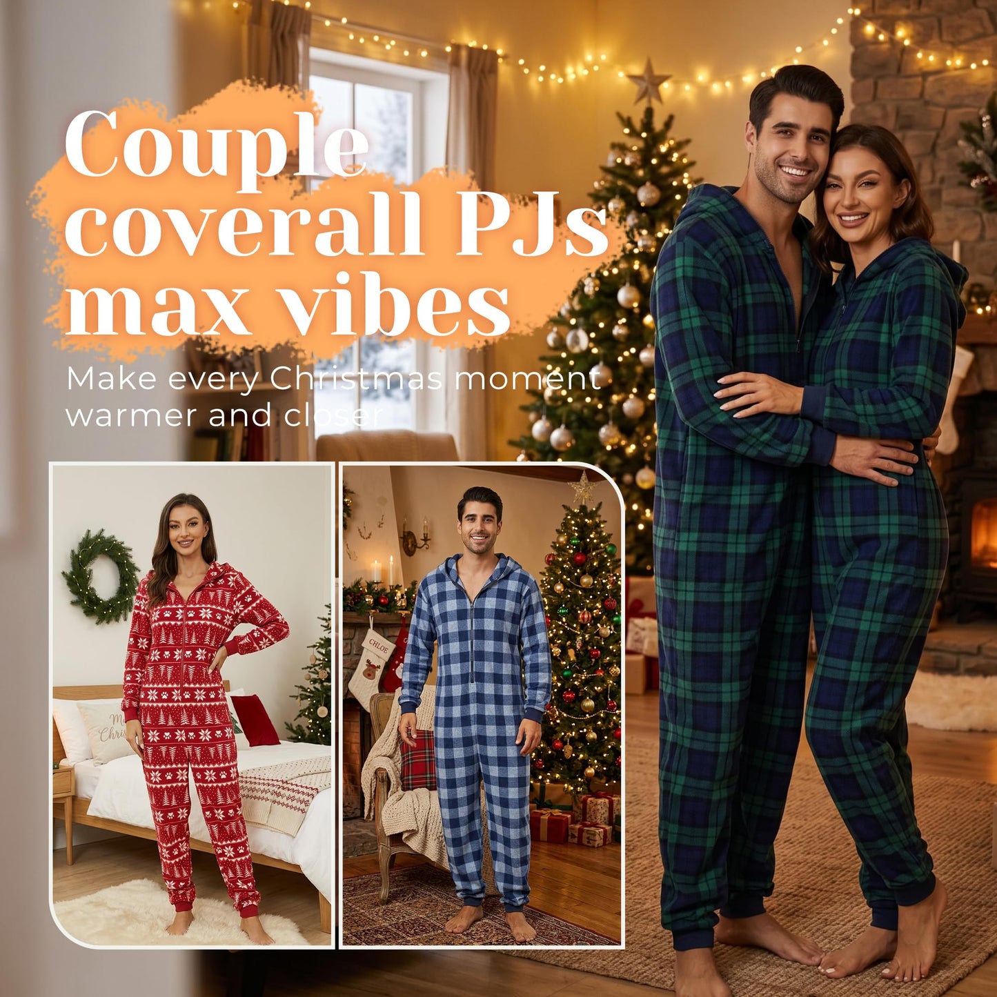 Women's Hooded Zip Onesie Pyjamas Plaid Christmas Matching Soft Warm Jumpsuit – Red-Green S
